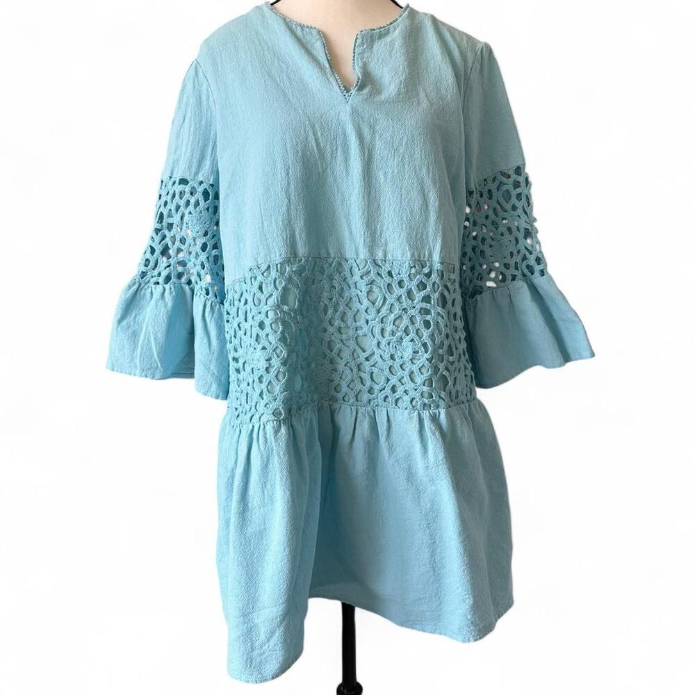 Tyler Boe aqua blue drop waist 3/4 bell sleeve cotton dress, L
